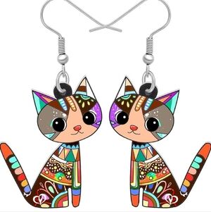 Women's jewelry unique multi-colored designed cat dangle earrings!